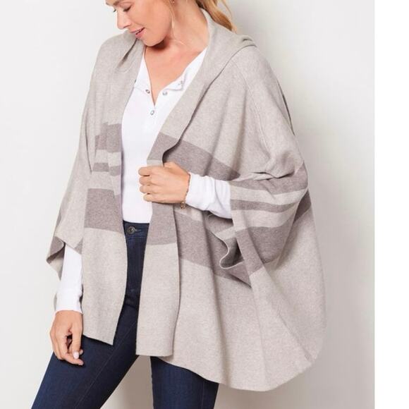 Evereve Rochelle Gray Striped Hooded Open Front Poncho Sweater M/L - Picture 1 of 10